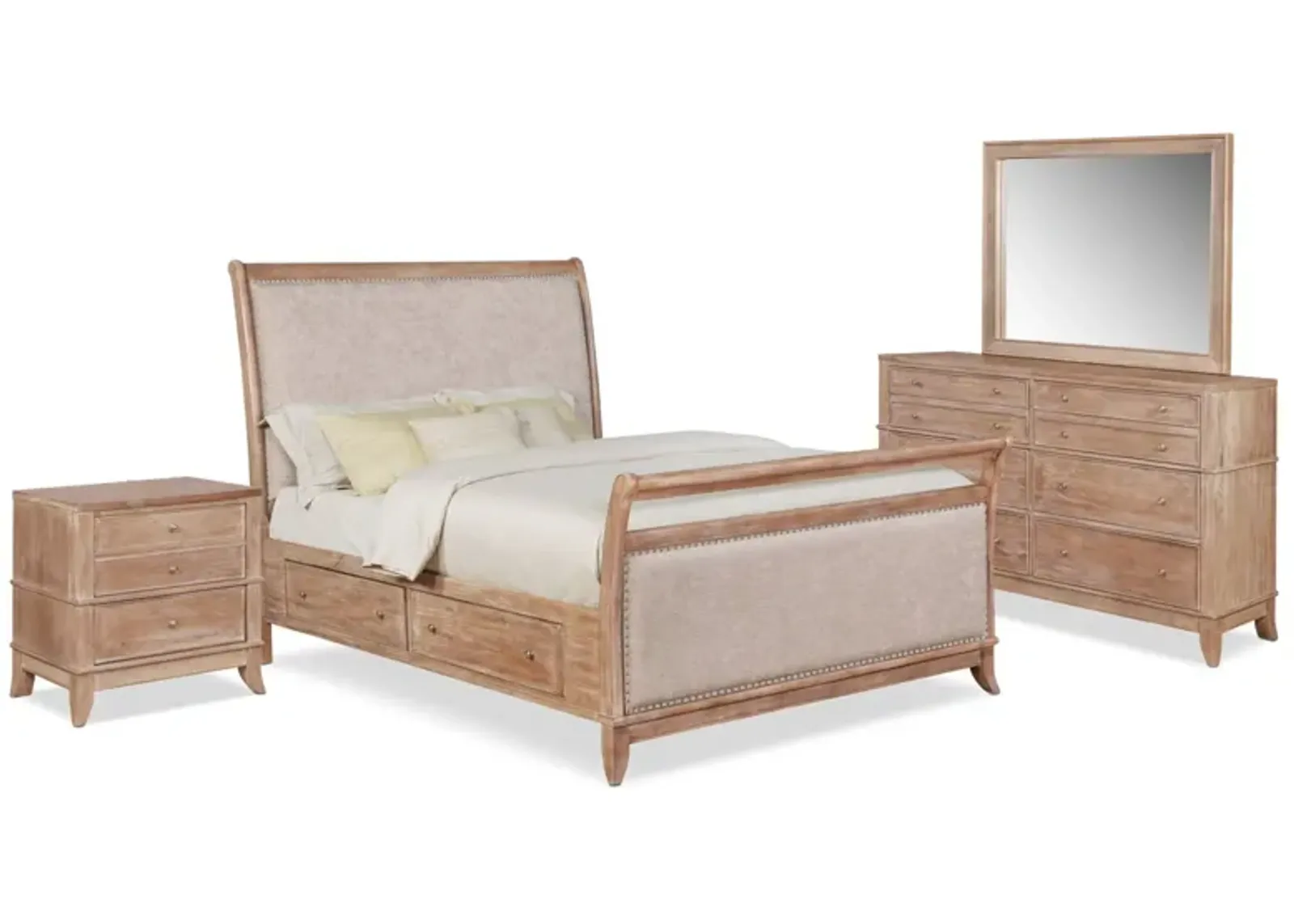 Hazel 6-Piece King Upholstered Bedroom Set with 2-Drawer Nightstand, Dresser and Mirror - Latte