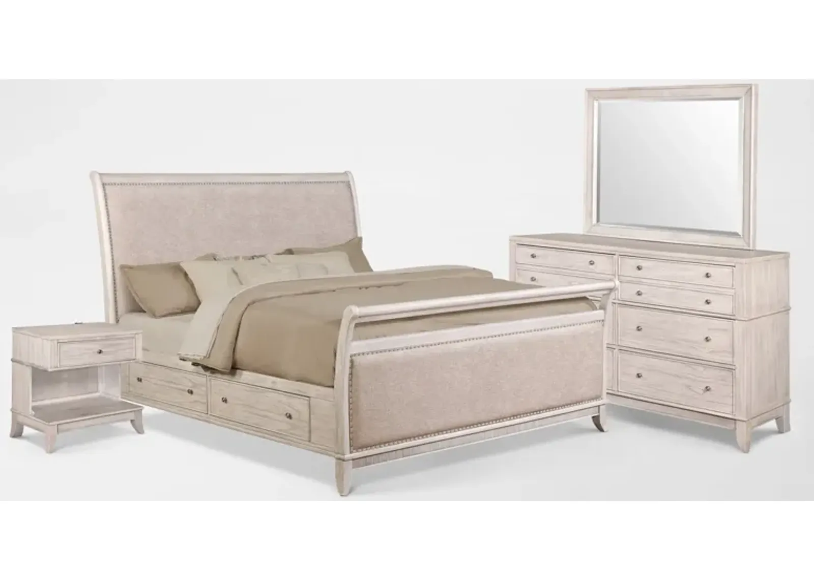 Hazel 6-Piece Queen Upholstered Bedroom Set with 1-Drawer Nightstand - Water White