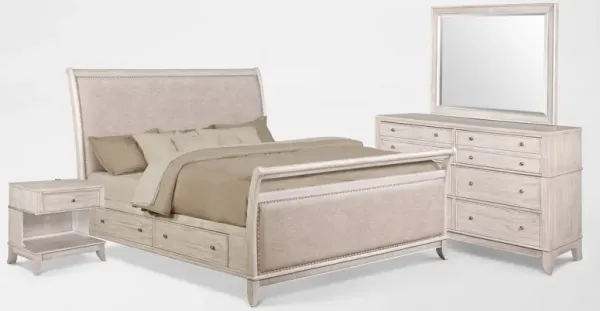 Hazel 6-Piece Queen Upholstered Bedroom Set with 1-Drawer Nightstand, Dresser and Mirror - Water Whi