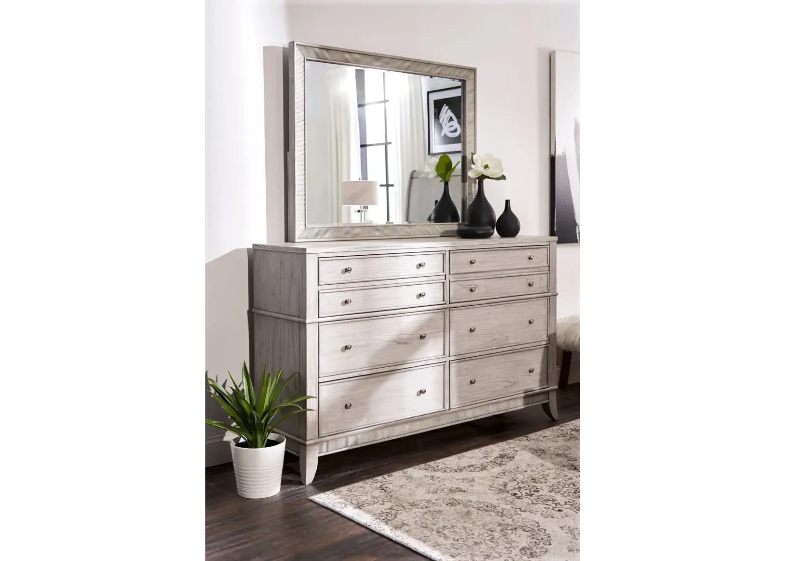 Hazel 5-Piece Queen Upholstered Bedroom Set with Dresser and Mirror - Water White