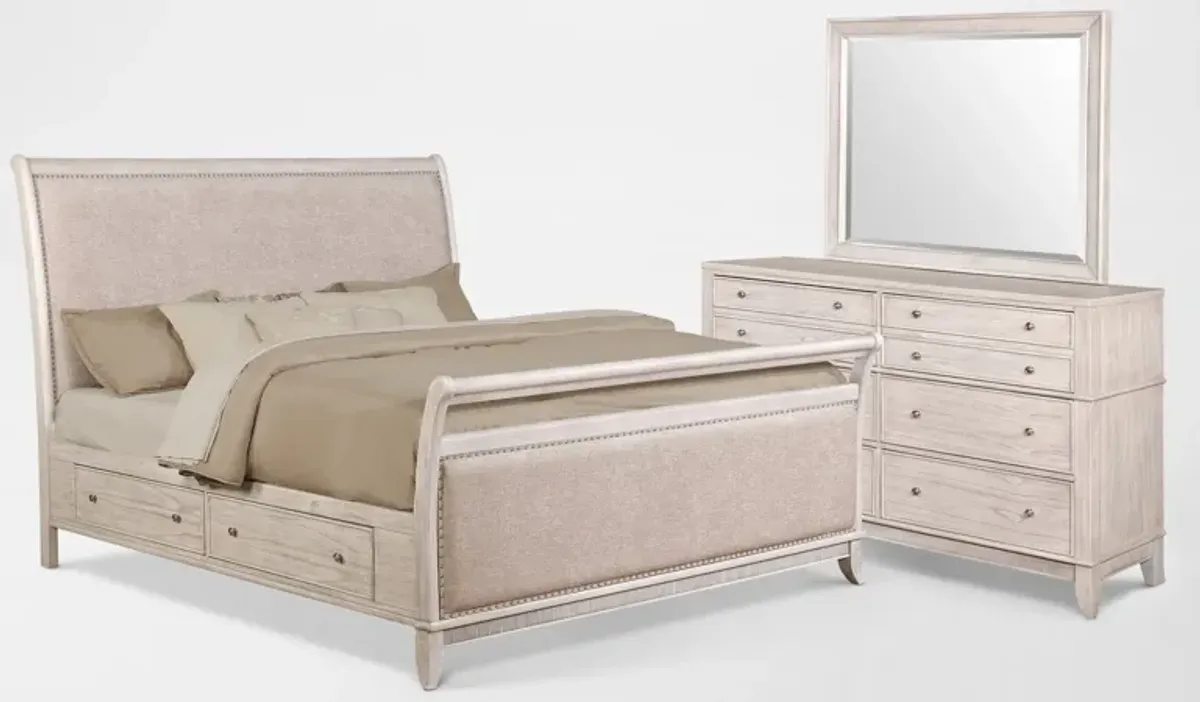 Hazel 5-Piece Queen Upholstered Bedroom Set with Dresser and Mirror - Water White