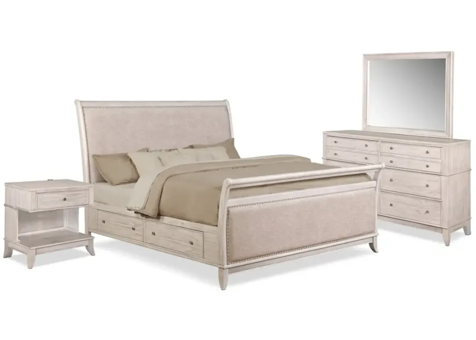 Hazel 6-Piece King Upholstered Bedroom Set with 1-Drawer Nightstand - Water White