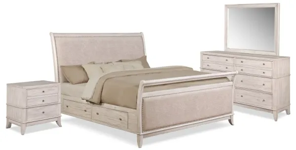 Hazel 6-Piece King Upholstered Bedroom Set with 2-Drawer Nightstand - Water White