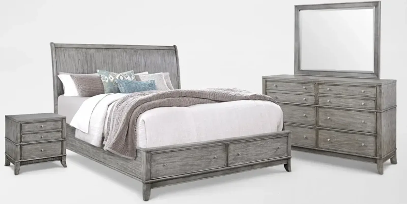 Hazel 6-Piece Queen Storage Bedroom Set with 2-Drawer Nightstand, Dresser and Mirror - Gray