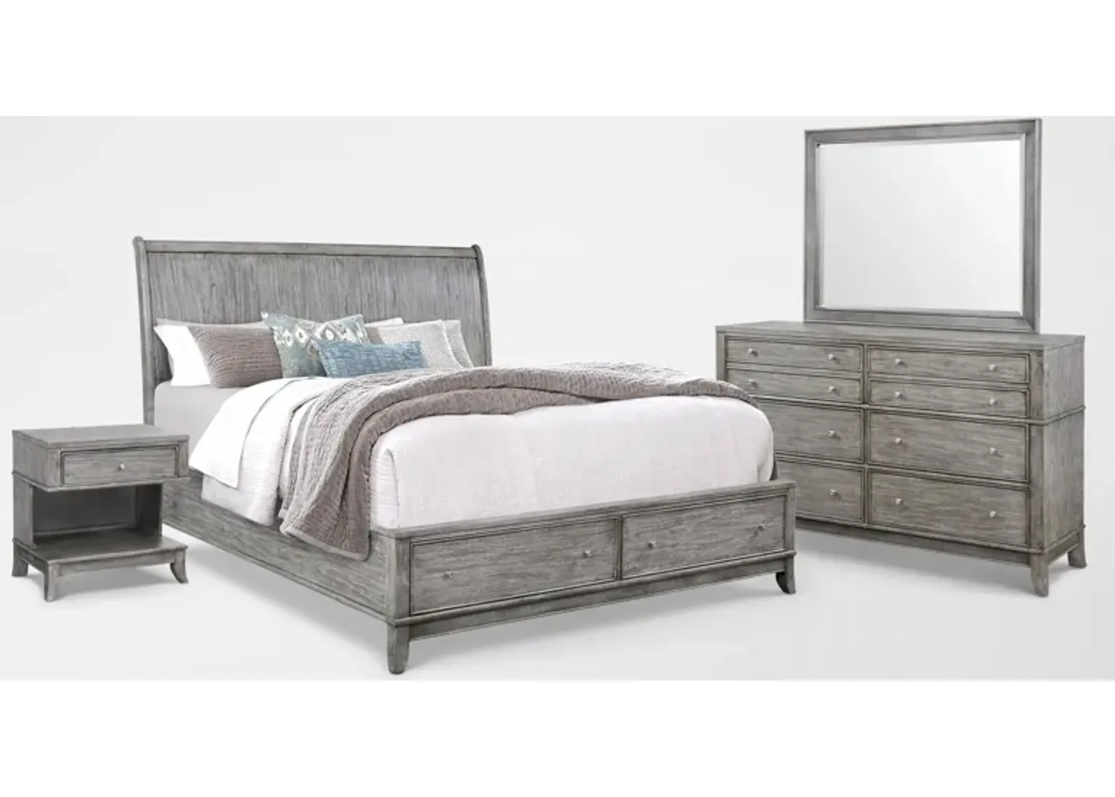 Hazel 6-Piece Queen Storage Bedroom Set with 1-Drawer Nightstand, Dresser and Mirror - Gray