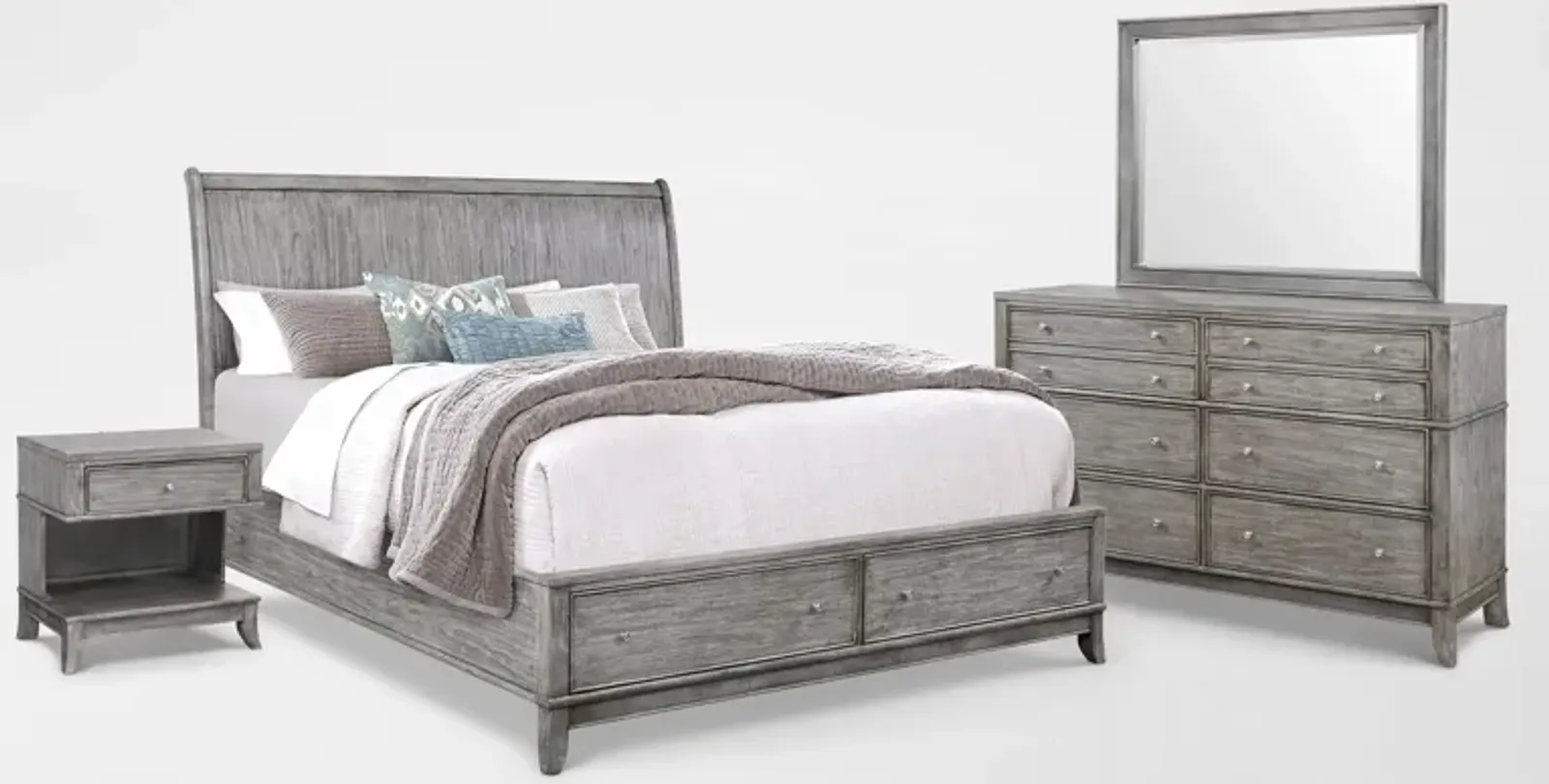 Hazel 6-Piece Queen Storage Bedroom Set with 1-Drawer Nightstand, Dresser and Mirror - Gray