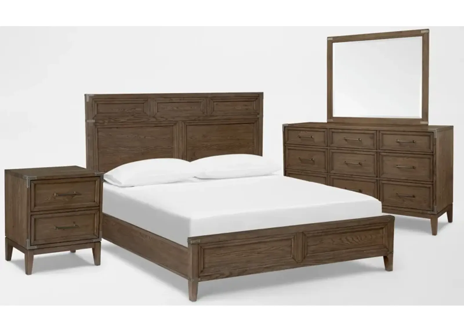 Madrid 6-Piece Queen Bedroom Set with Dresser, Mirror, and Nightstand with USB Charging - Oak