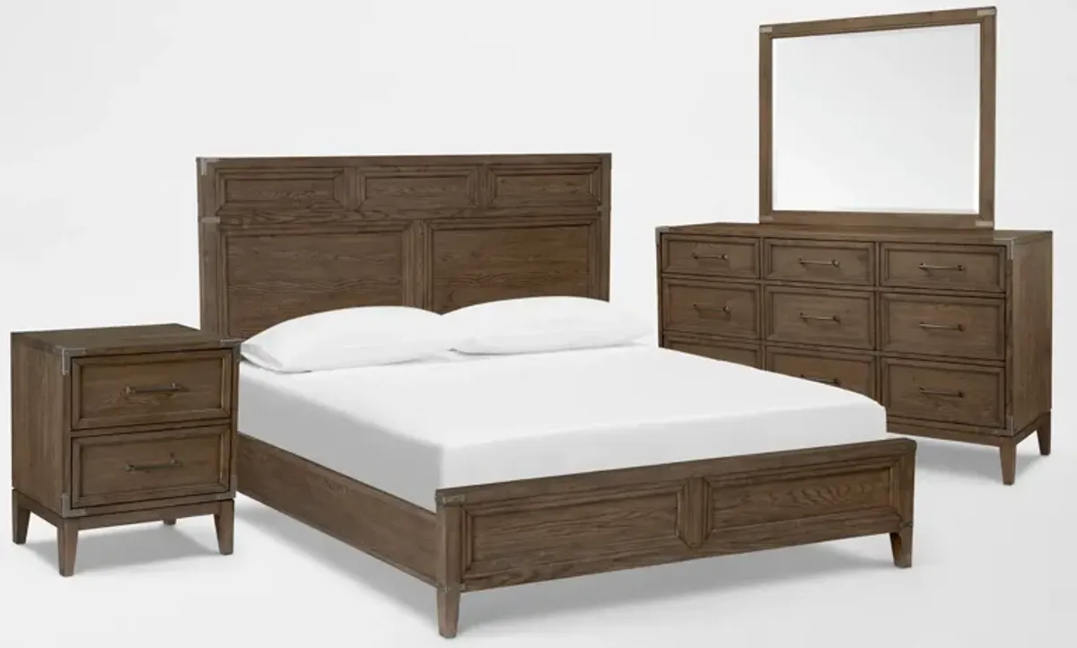 Madrid 6-Piece Queen Bedroom Set with Dresser, Mirror, and Nightstand with USB Charging - Oak