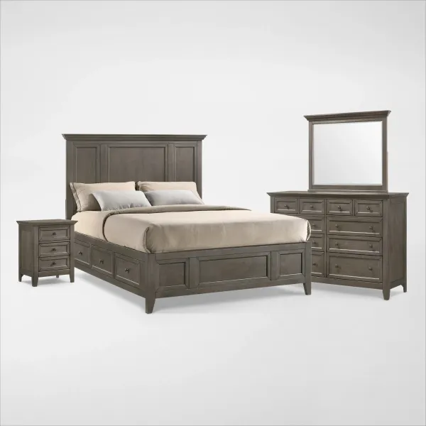 Lincoln Solid Wood 6-Piece Queen Storage Bedroom Set with Nightstand, Dresser and Mirror - Gray