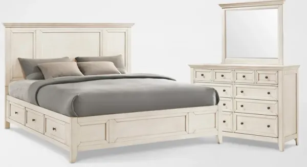 Lincoln Solid Wood 5-Piece Queen Storage Bedroom Set with Dresser and Mirror - White