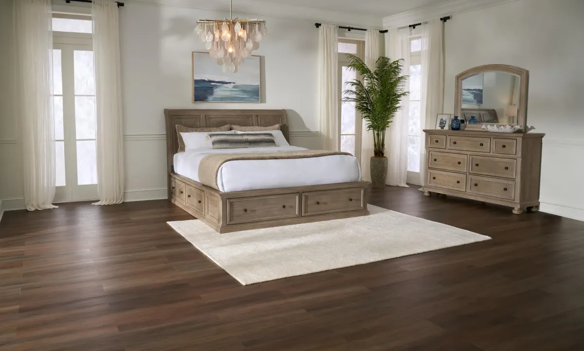 Hanover 5-Piece Storage Sleigh Queen Bedroom Set with Dresser and Mirror - Taupe