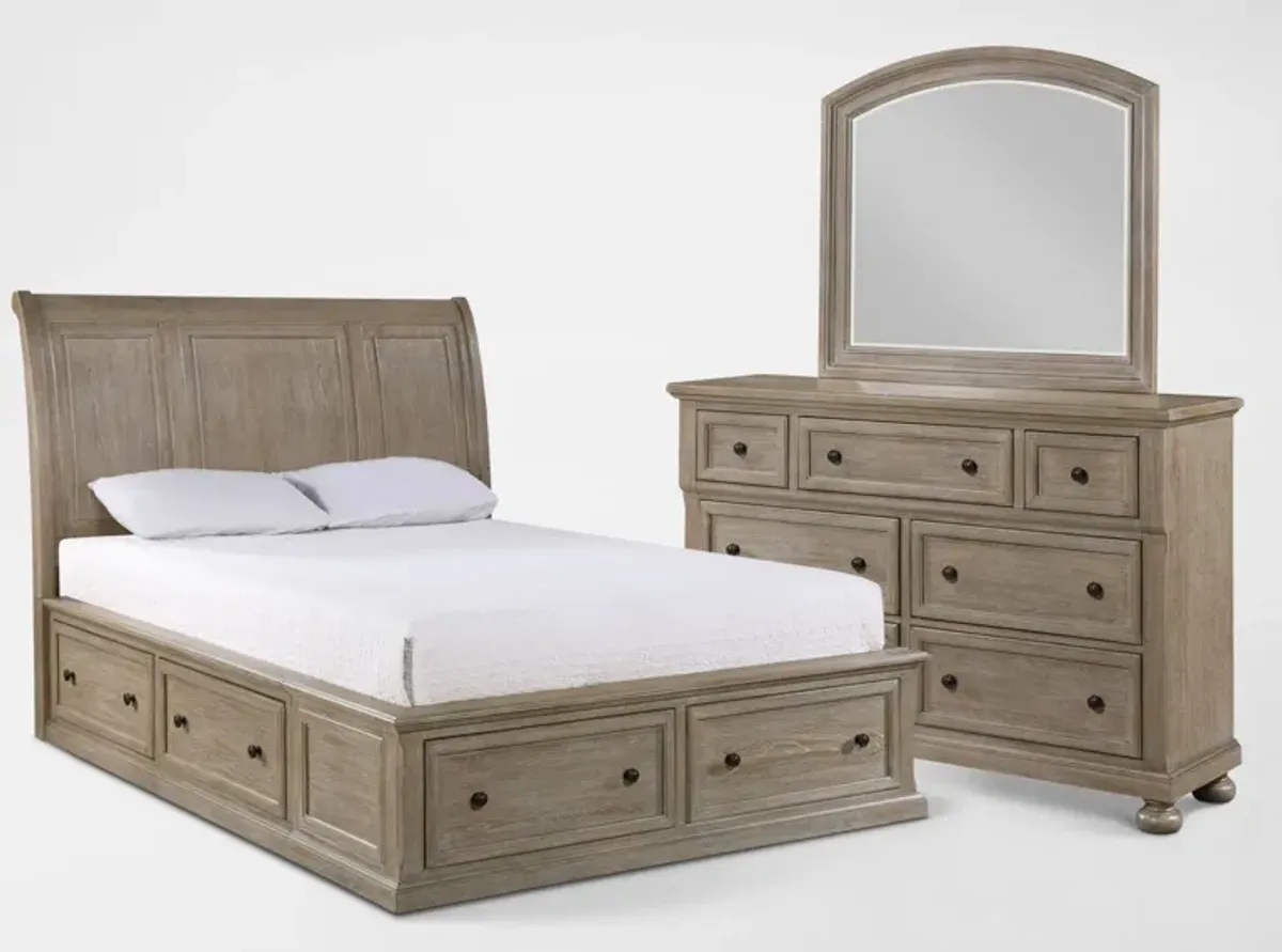 Hanover 5-Piece Storage Sleigh Queen Bedroom Set with Dresser and Mirror - Taupe