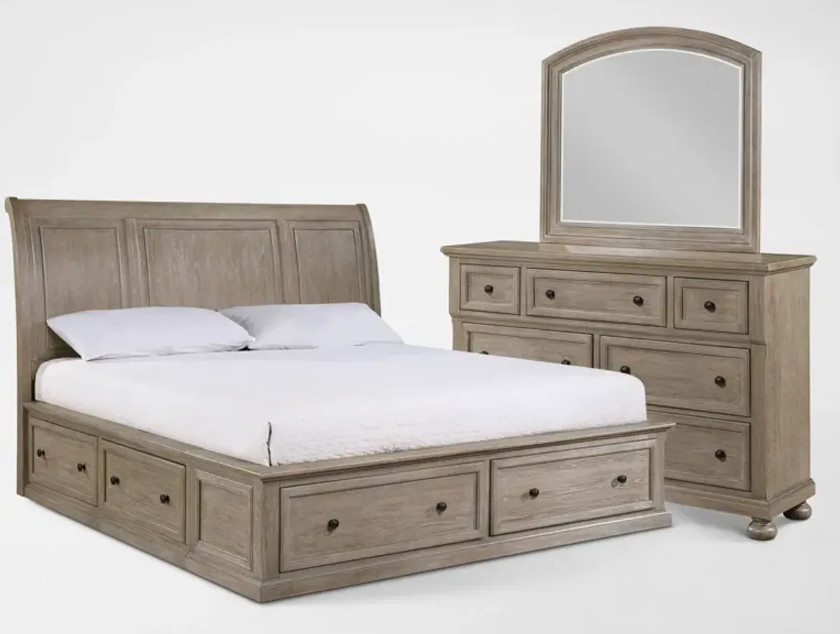 Hanover 5-Piece Storage Sleigh King Bedroom Set with Dresser and Mirror - Taupe