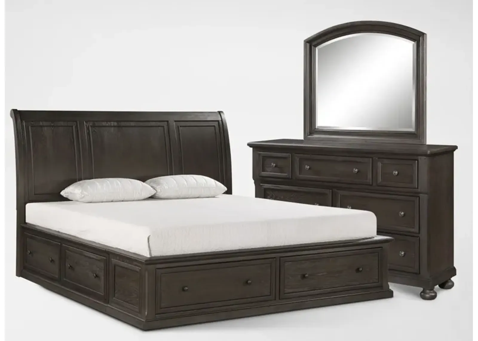 Hanover 5-Piece Storage Sleigh Queen Bedroom Set with Dresser and Mirror - Tobacco