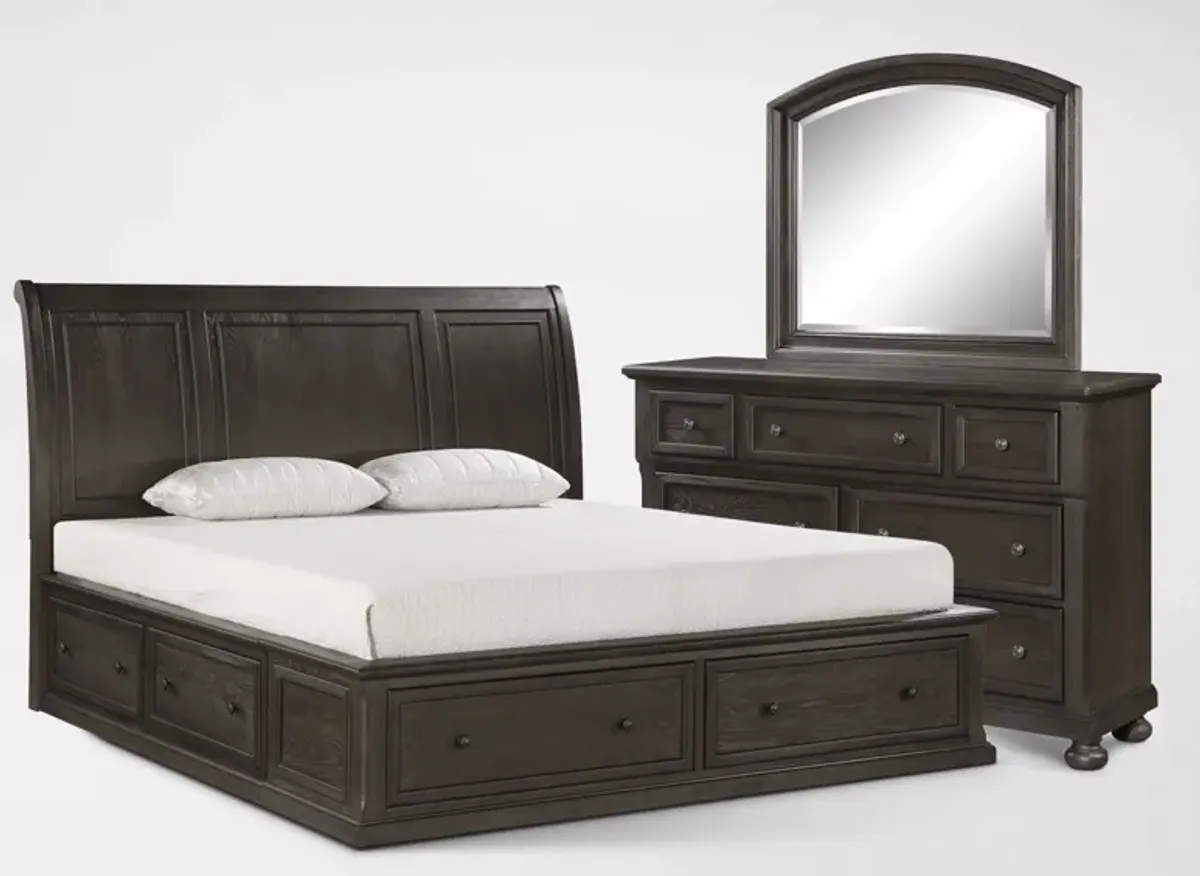 Hanover 5-Piece Storage Sleigh Queen Bedroom Set with Dresser and Mirror - Tobacco