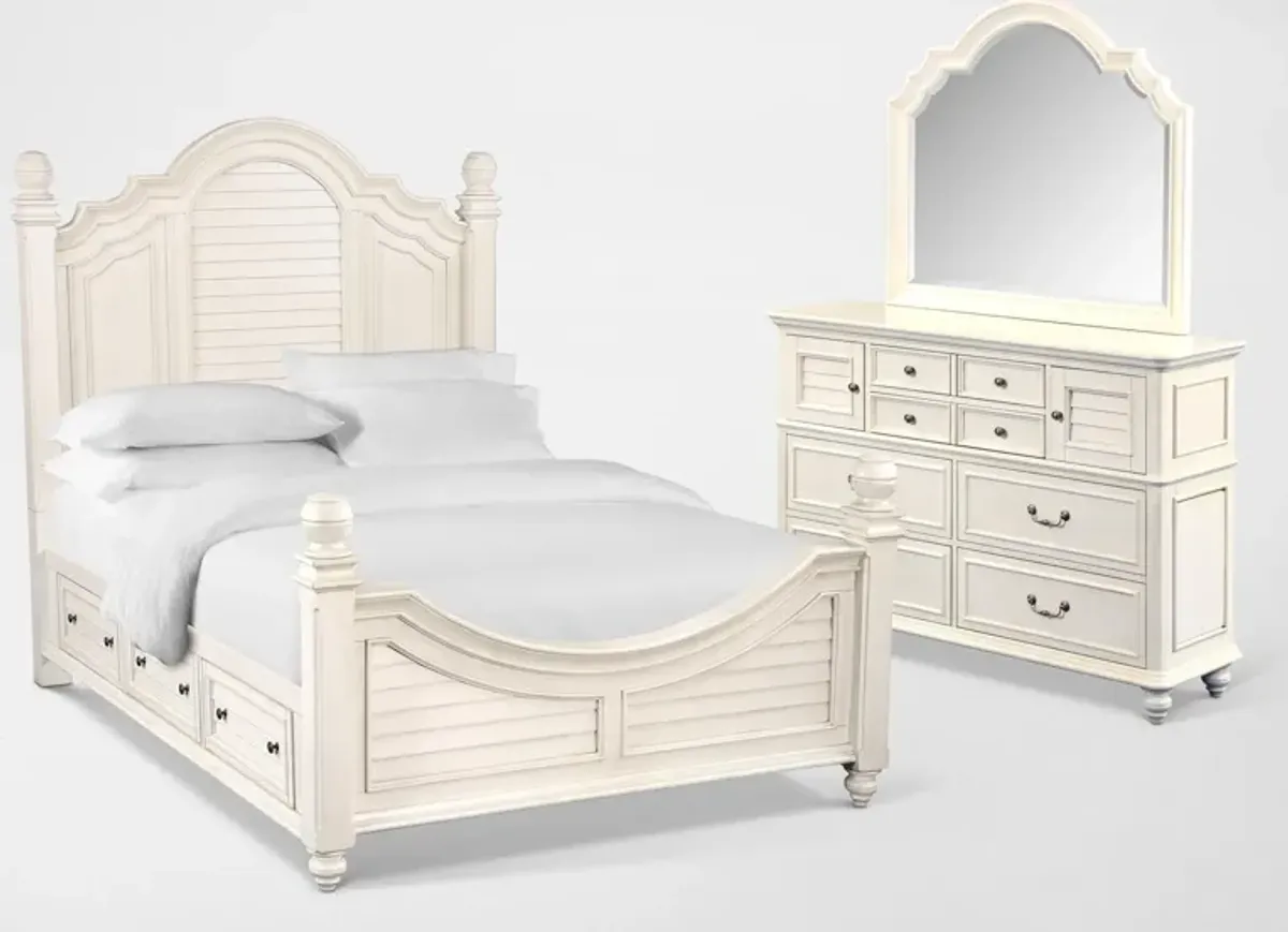 Charleston 5-Piece Queen Poster Bedroom Set with 4 Underbed Drawers - White