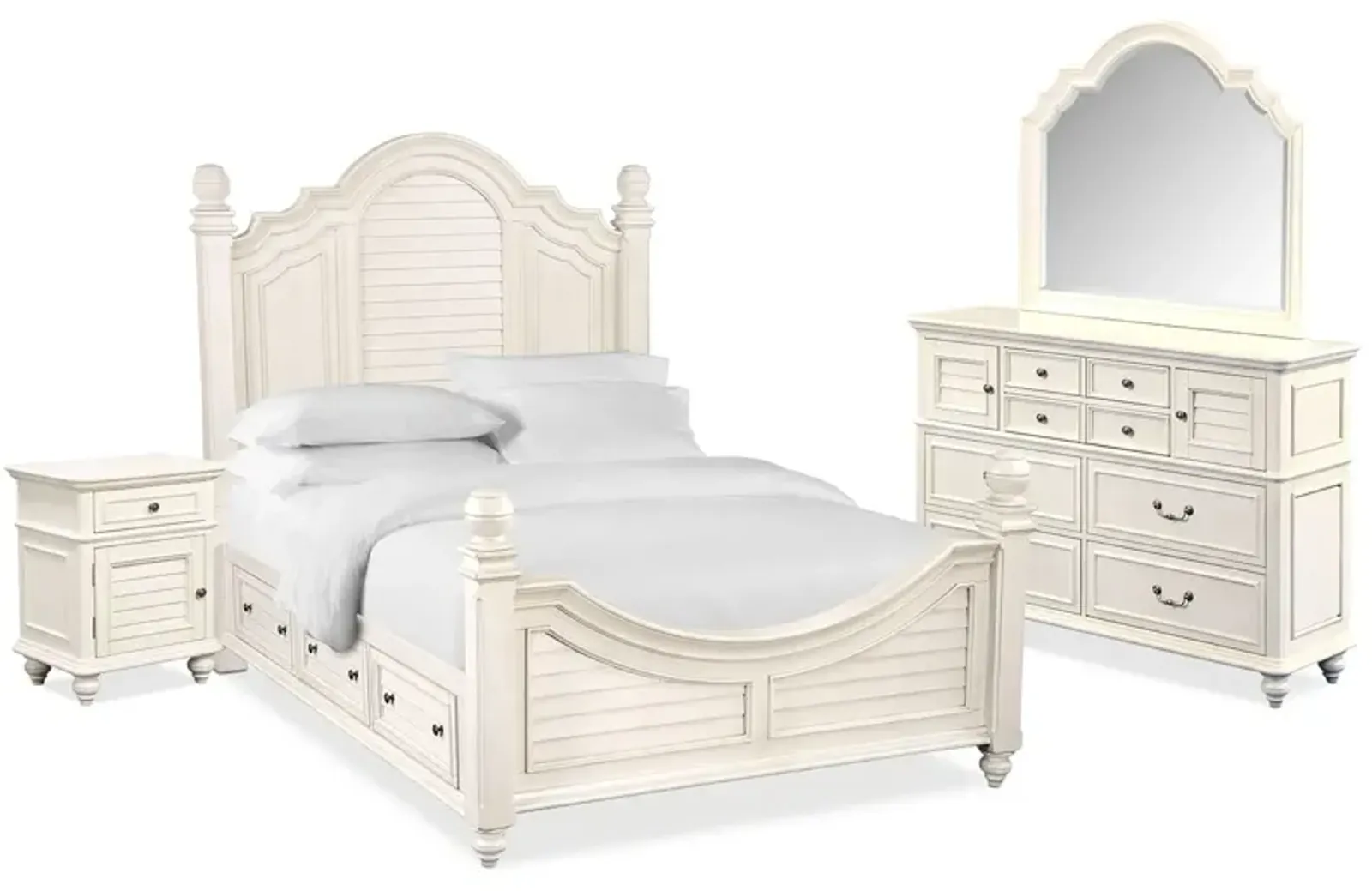 Charleston 6-Piece King Poster Bedroom Set with 4 Underbed Drawers - White