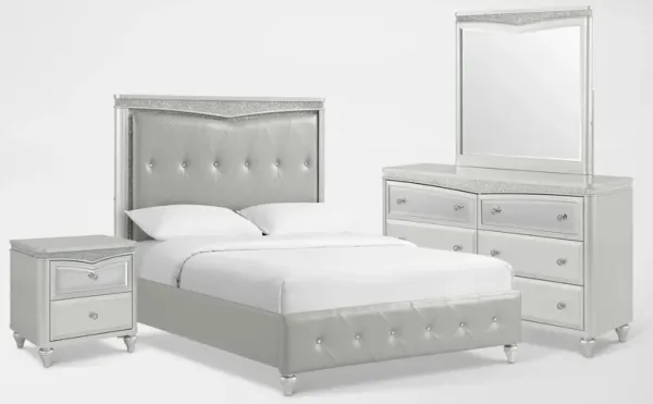 Posh 6-Piece Upholstered Queen Bedroom Set with Nightstand, Dresser and Mirror