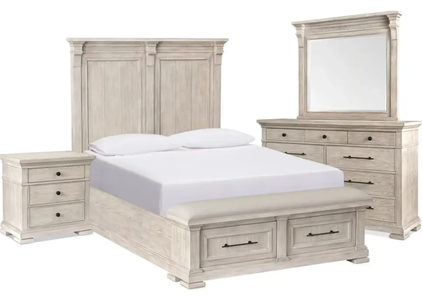 Asheville 6-Piece King Storage Bedroom Set with Dresser, Mirror, and Nightstand with USB Charging -