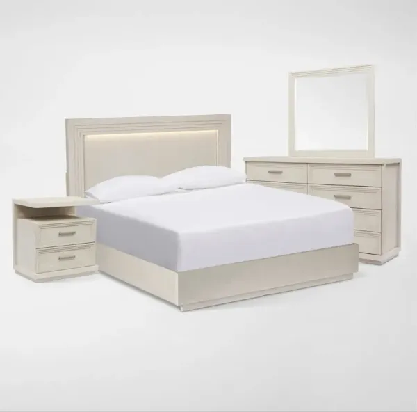 Arielle 6-Piece Queen Bedroom Set with Panel Bed, Charging Nightstand, Dresser and Mirror - Parchmen