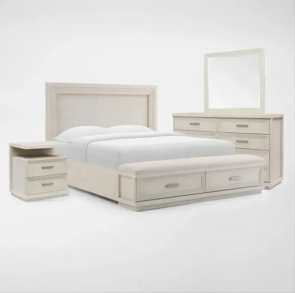 Arielle 6-Piece Queen Bedroom Set with Storage Bed, Charging Nightstand, Dresser and Mirror - Parchm