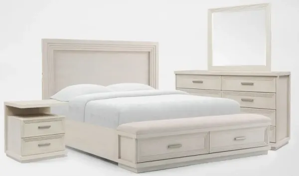 Arielle 6-Piece King Bedroom Set with Storage Bed, Charging Nightstand, Dresser and Mirror - Parchme