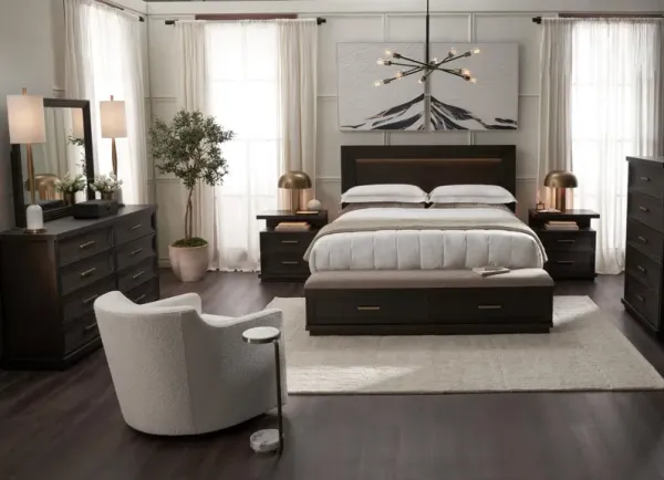 Arielle 6-Piece Queen Bedroom Set with Storage Bed, Charging Nightstand, Dresser and Mirror - Tobacc