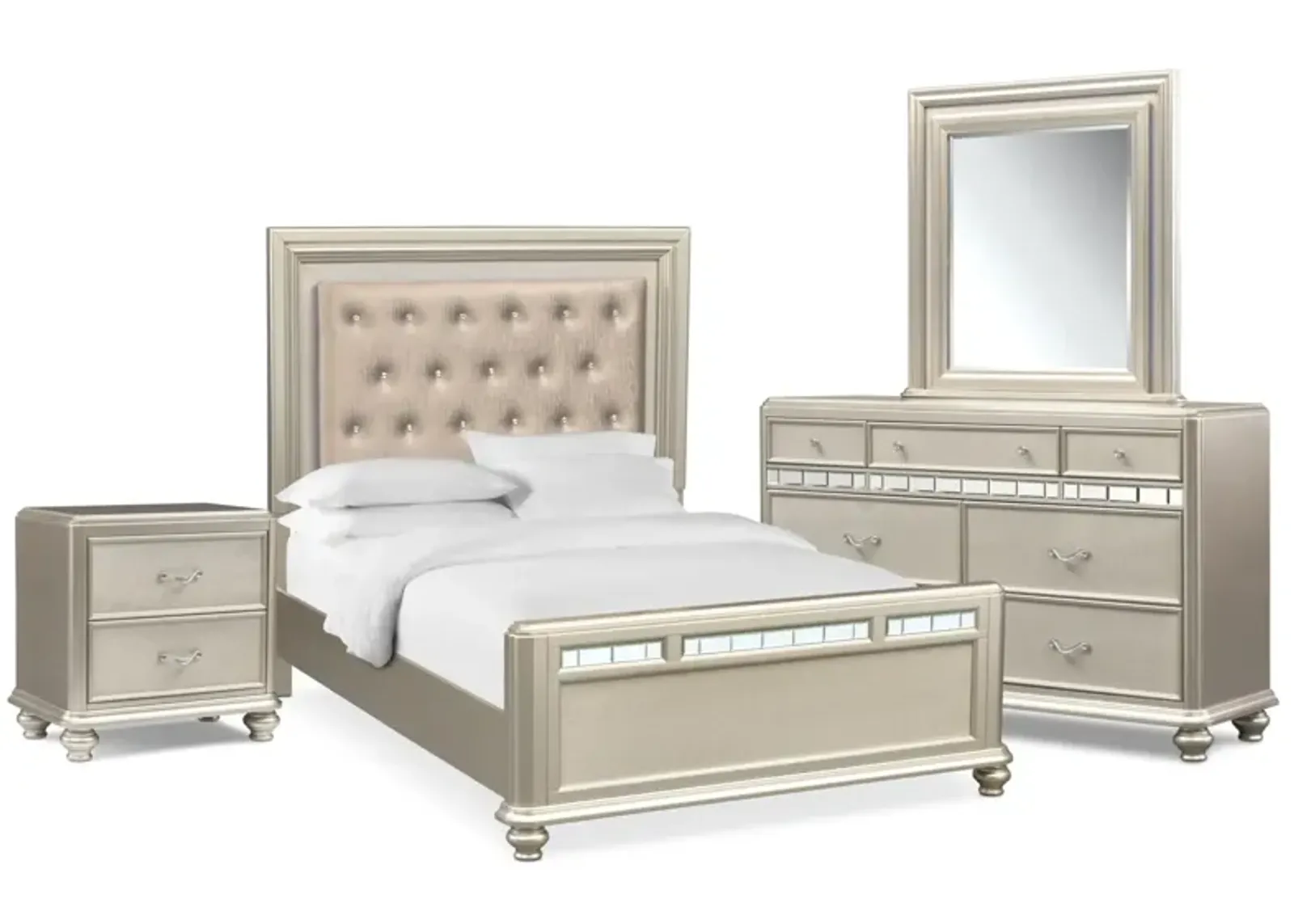 Sabrina 6-Piece Queen Bedroom Set with Nightstand, Dresser and Mirror - Platinum