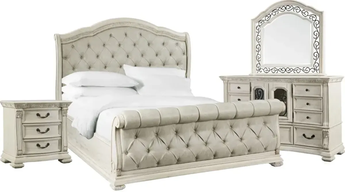 Tuscany 6-Piece Queen Sleigh Bedroom Set with Nightstand, Dresser and Mirror - Alabaster