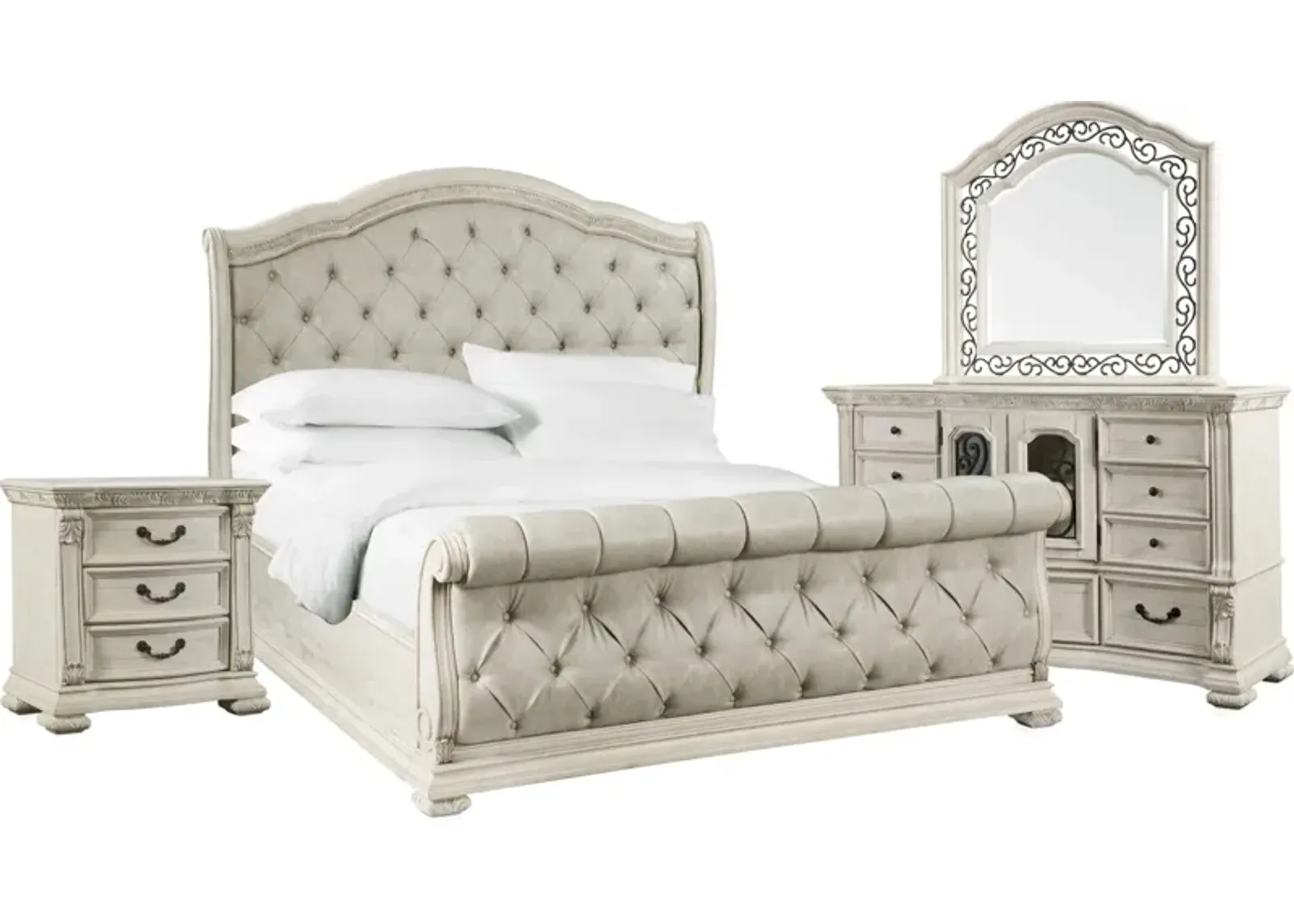 Tuscany 6-Piece King Sleigh Bedroom Set with Nightstand, Dresser and Mirror - Alabaster