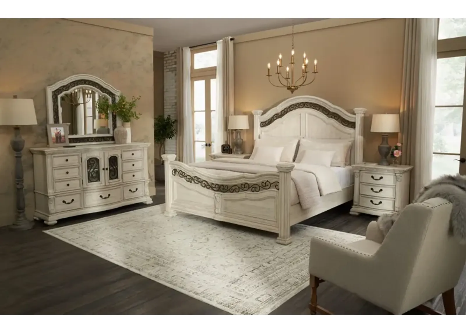 Tuscany 5-Piece King Panel Bedroom Set with Dresser and Mirror - Alabaster