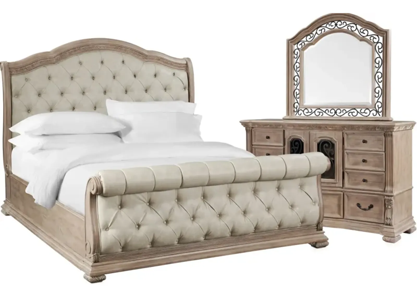 Tuscany 5-Piece Queen Sleigh Bedroom Set with Dresser and Mirror - Taupe