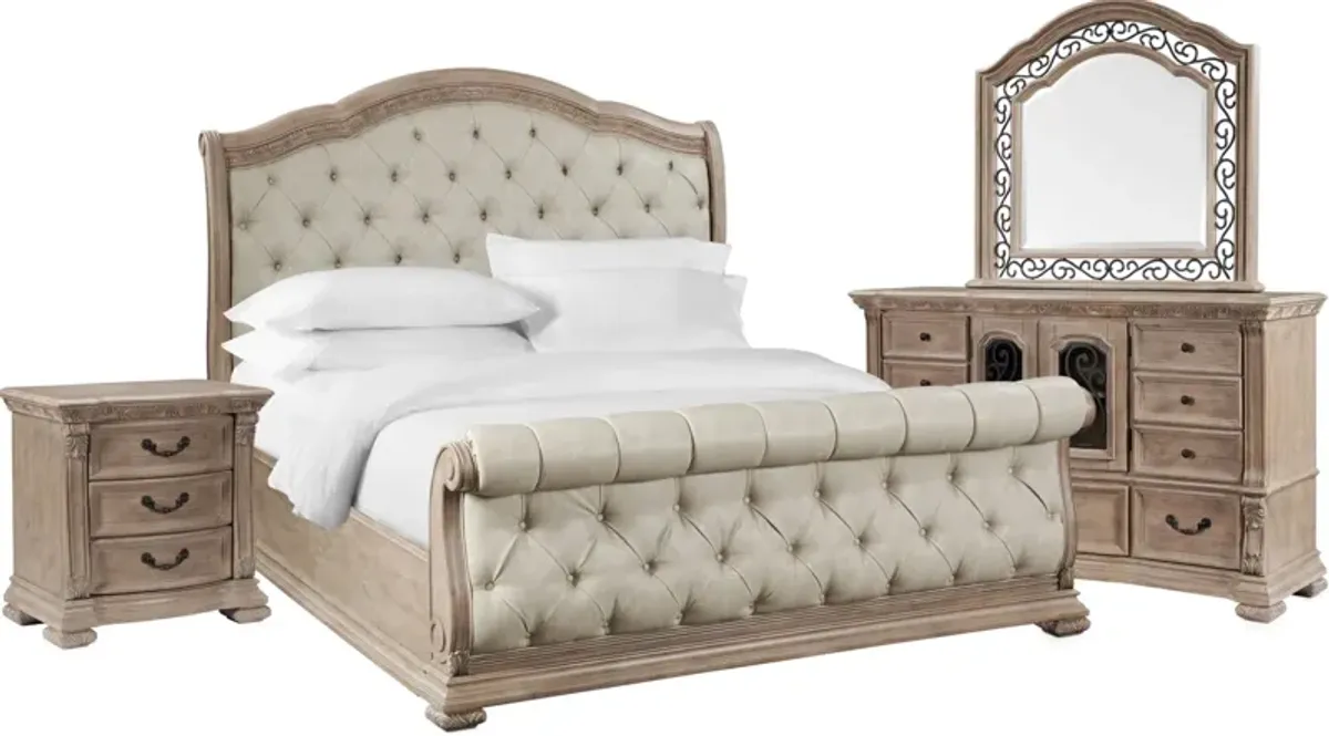 Tuscany 6-Piece Queen Sleigh Bedroom Set with Nightstand, Dresser and Mirror - Taupe