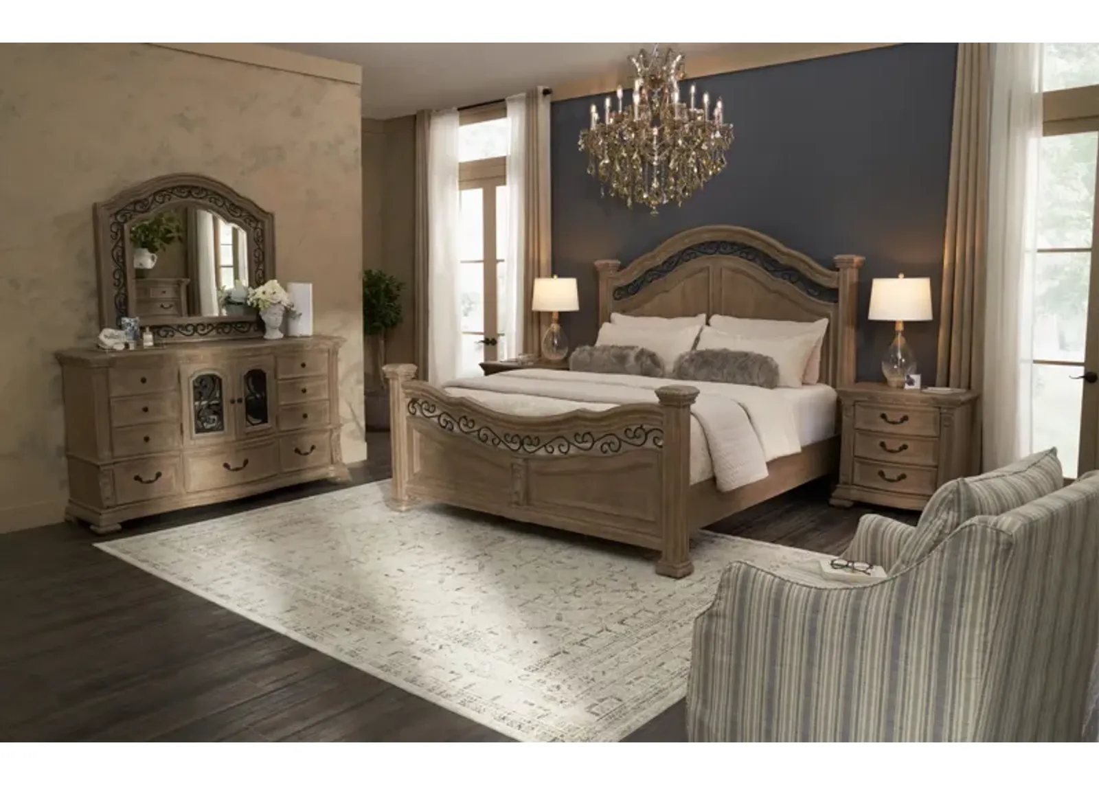 Tuscany 5-Piece Queen Panel Bedroom Set with Dresser and Mirror - Taupe