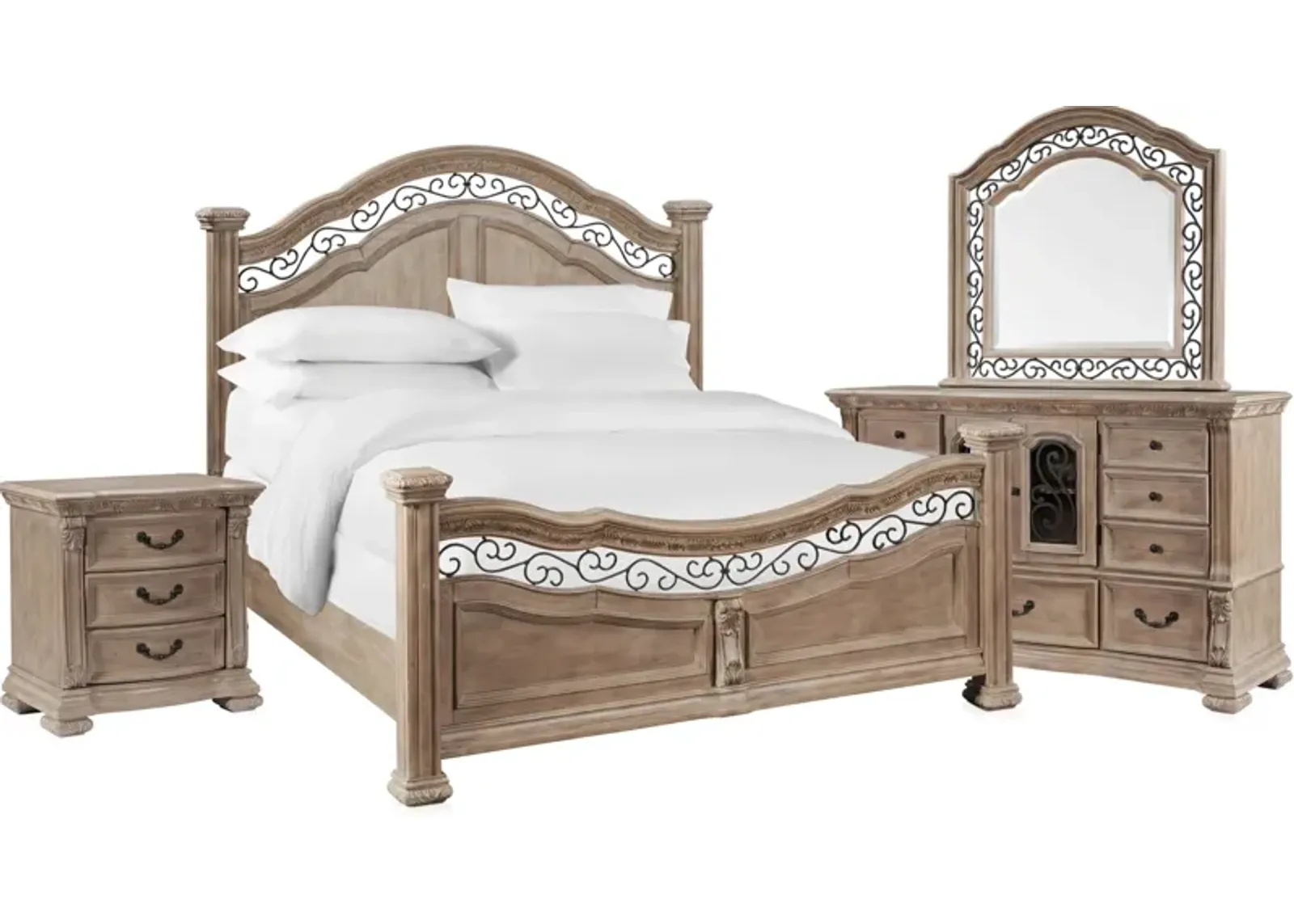 Tuscany 6-Piece Queen Panel Bedroom Set with Nightstand, Dresser and Mirror - Taupe