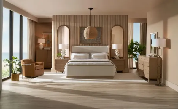 Santa Monica 6-Piece Queen Upholstered Bedroom Set with Dresser, Mirror & Charging Nightstand - Nt