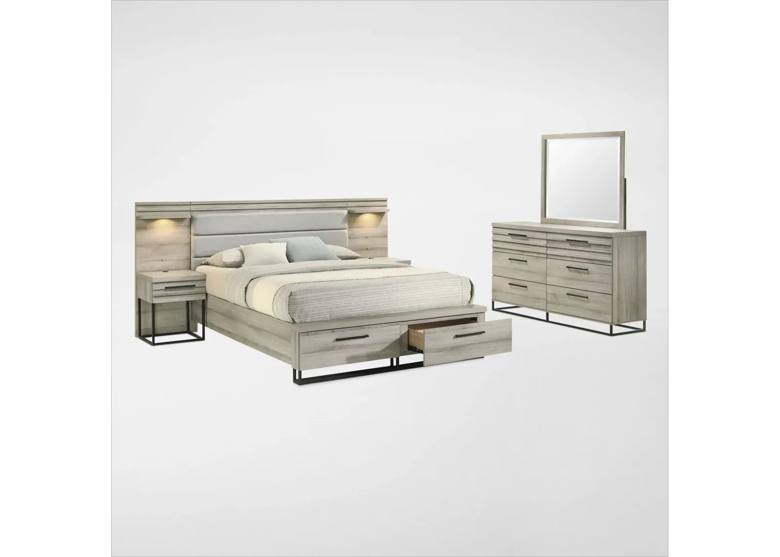 Nolan 9-Piece Storage Bedroom Set with 2 Nightstands, Dresser and Mirror