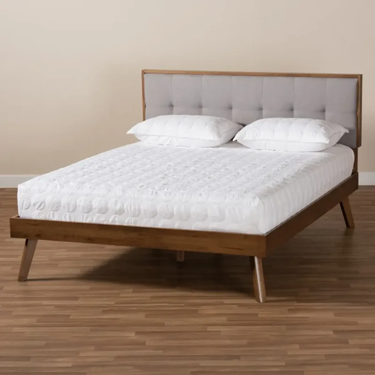 Charmaine Full Upholstered Platform Bed - Light Gray/Walnut