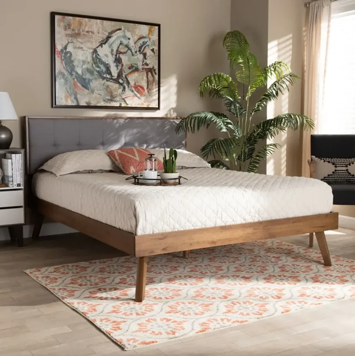 Charmaine Full Upholstered Platform Bed - Light Gray/Walnut