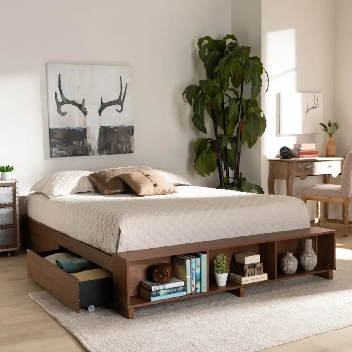 Calista Queen Platform Storage Bed Frame - Ash Walnut