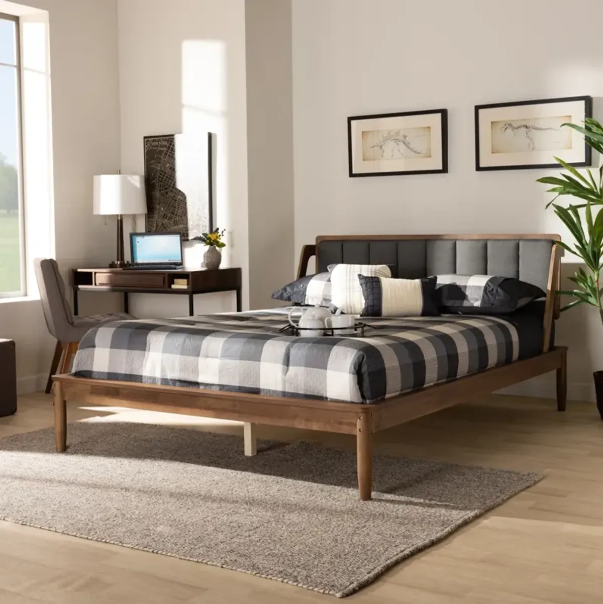 Christabel Queen Upholstered Platform Bed - Dark Gray/Walnut