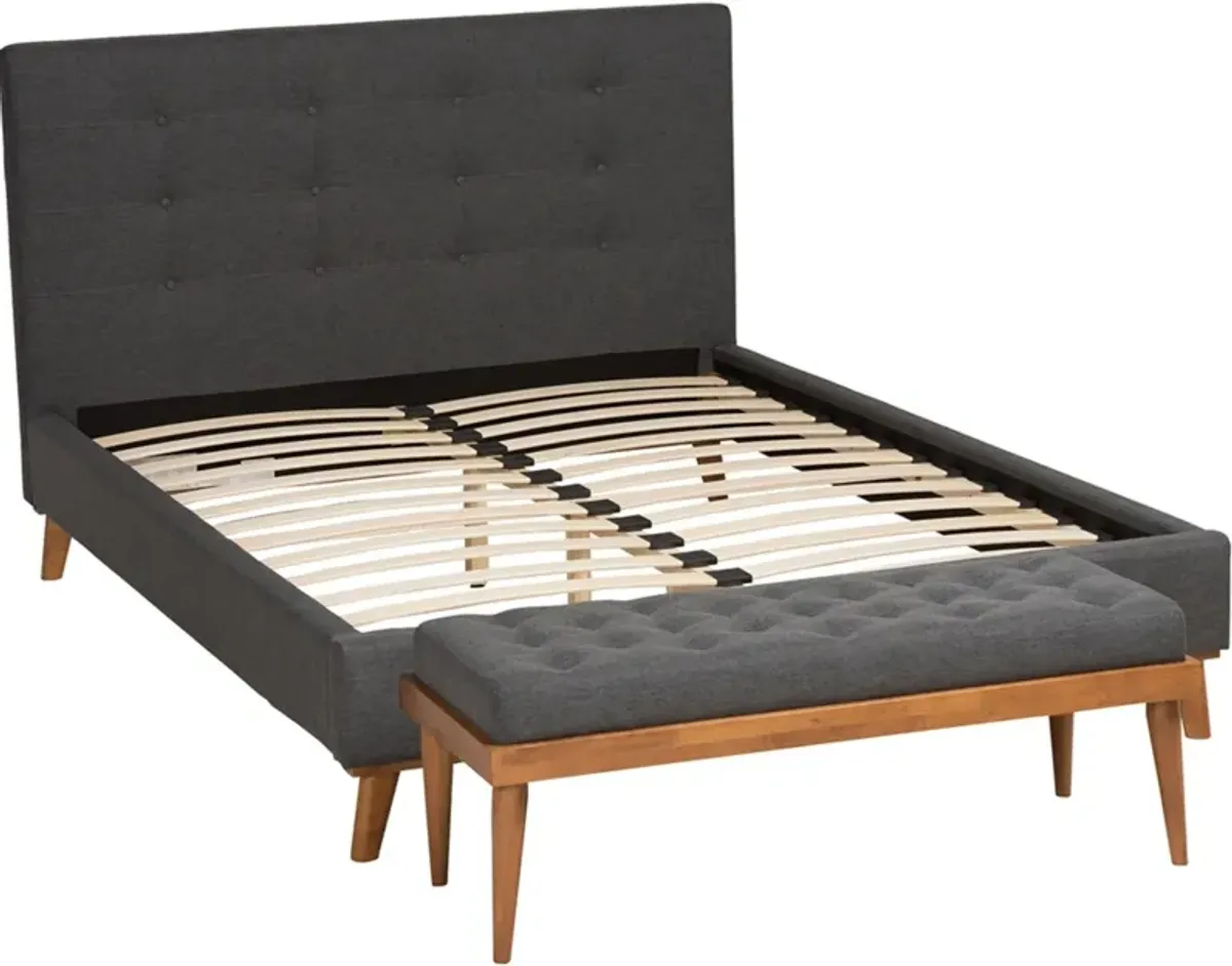 Teyah Full Upholstered Platform Bed and Bench - Dark Gray/Walnut