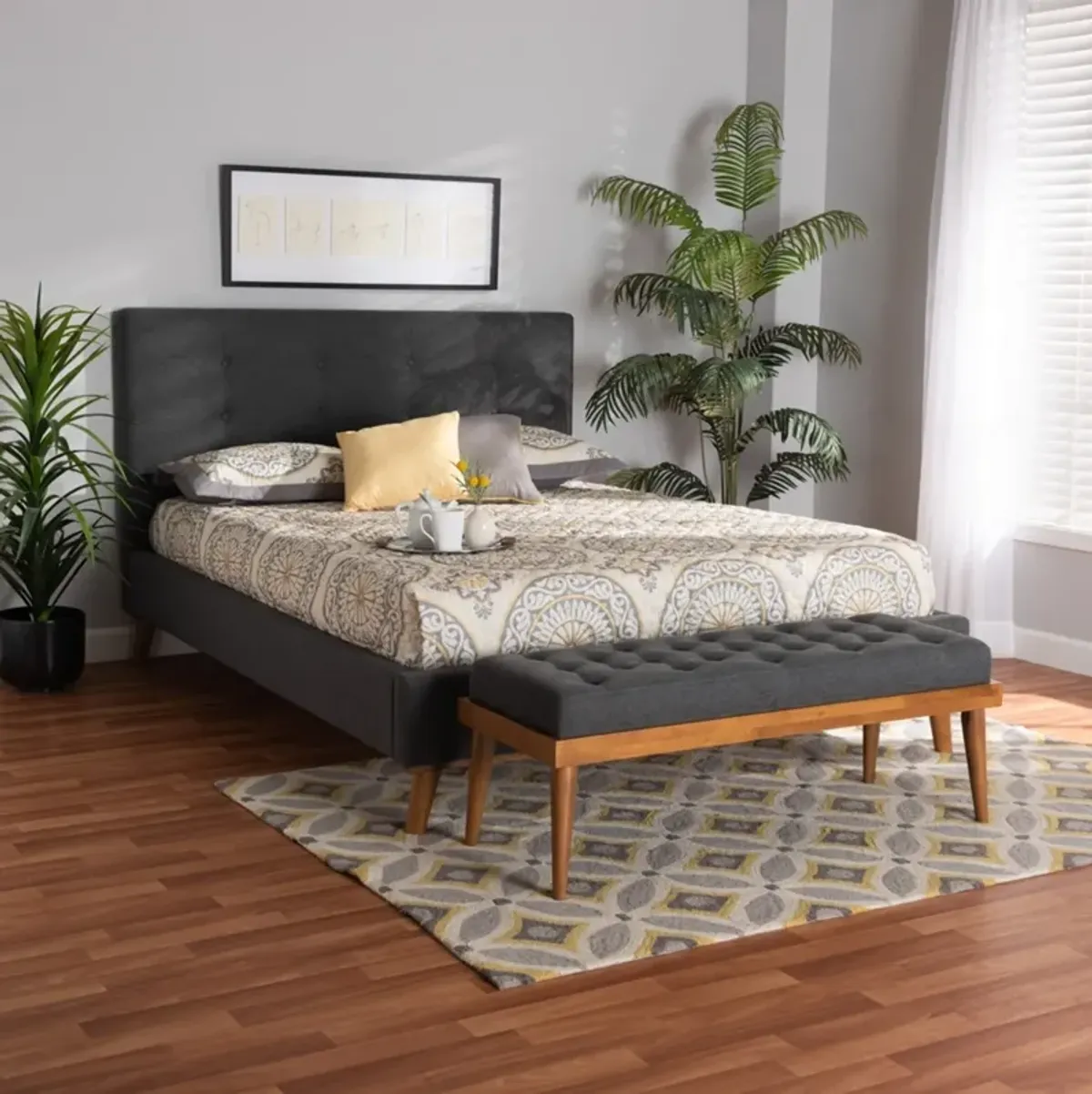 Teyah Full Upholstered Platform Bed and Bench - Dark Gray/Walnut