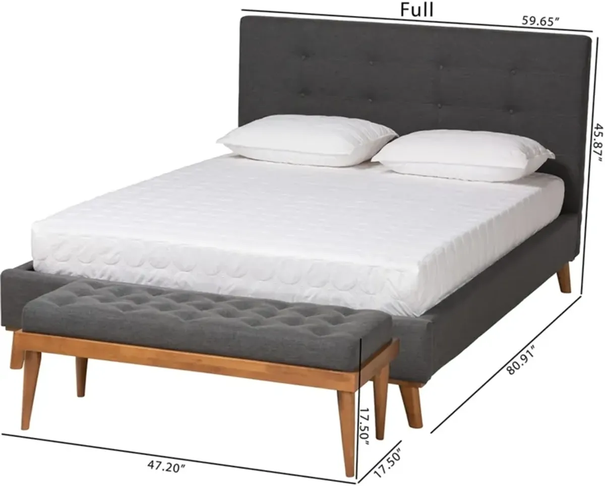 Teyah Full Upholstered Platform Bed and Bench - Dark Gray/Walnut