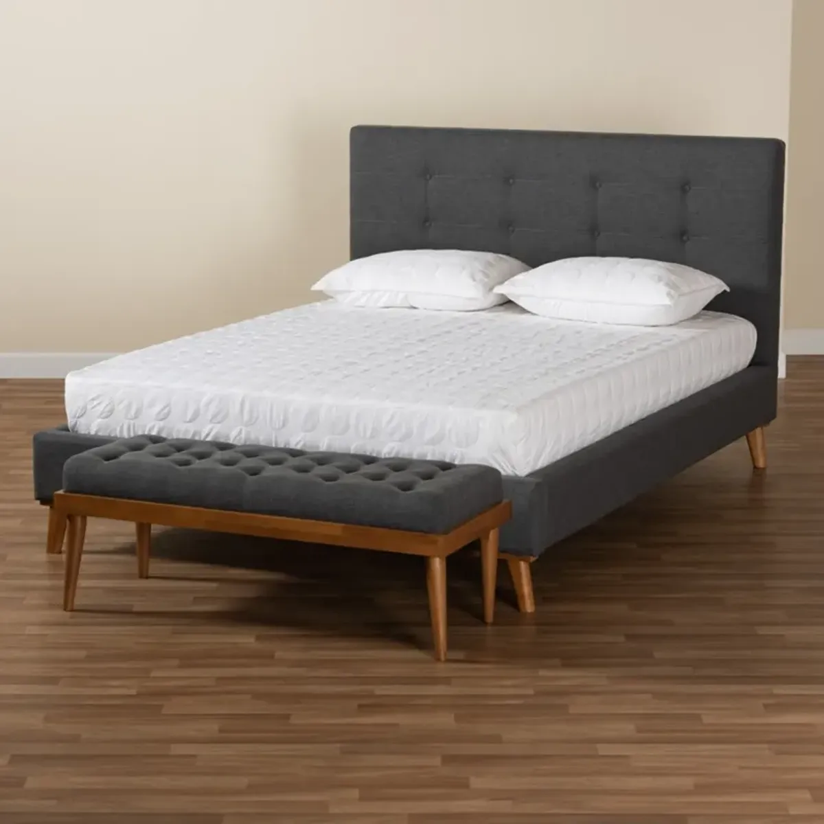 Teyah Full Upholstered Platform Bed and Bench - Dark Gray/Walnut