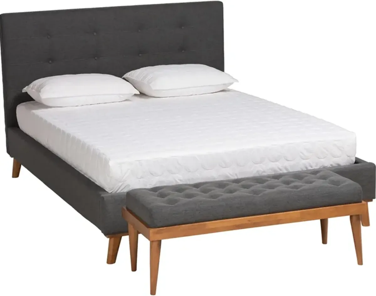 Teyah Full Upholstered Platform Bed and Bench - Dark Gray/Walnut