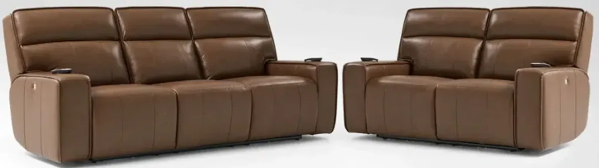 Everest Triple-Power Reclining Sofa and Loveseat Set - Brown