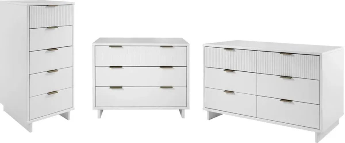 Kenya Dresser, 3 Drawer Dresser and Narrow Chest Set - White