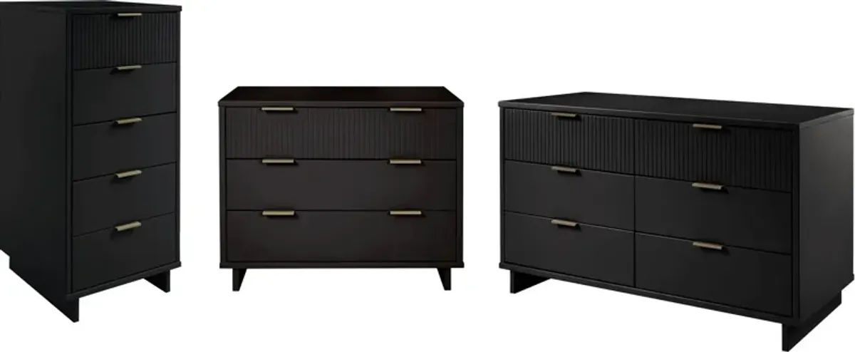 Kenya Dresser, 3 Drawer Dresser and Narrow Chest Set - Black