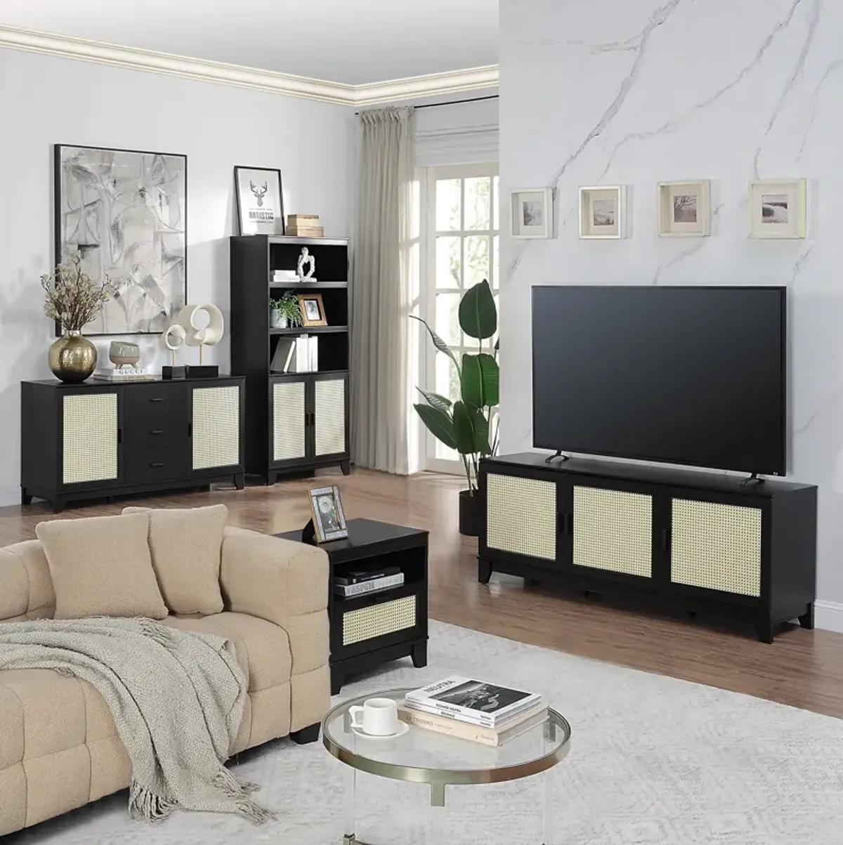 Kylian Bookcase, TV Stand, Sideboard and End Table Set - Black